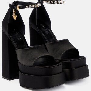 VERSACE Black Aevitas Heeled Silk Sandals NWT Size 37